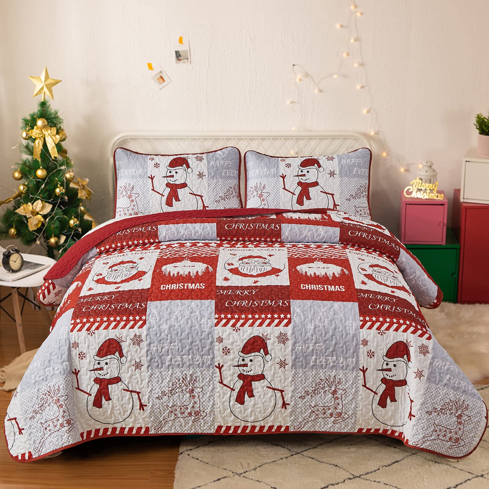 Christmas Quilt Set King Size Red Printed Quilt Santa Claus Snowman Bedspread Soft Microfiber Coverlet With 2 Pillow Shams For A